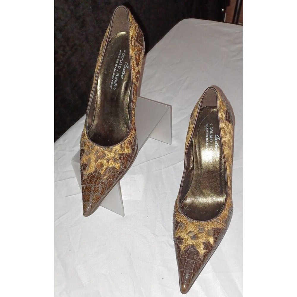 Donald J Pliner Couture Brown Leather Tapestry Pointed Toe Pumps Size 7.5